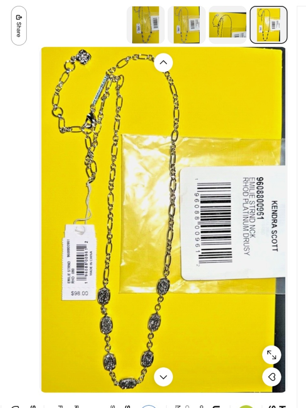 Kendra Scott Emilie Strand Necklace Silver Drusy Stone BRAND NEW